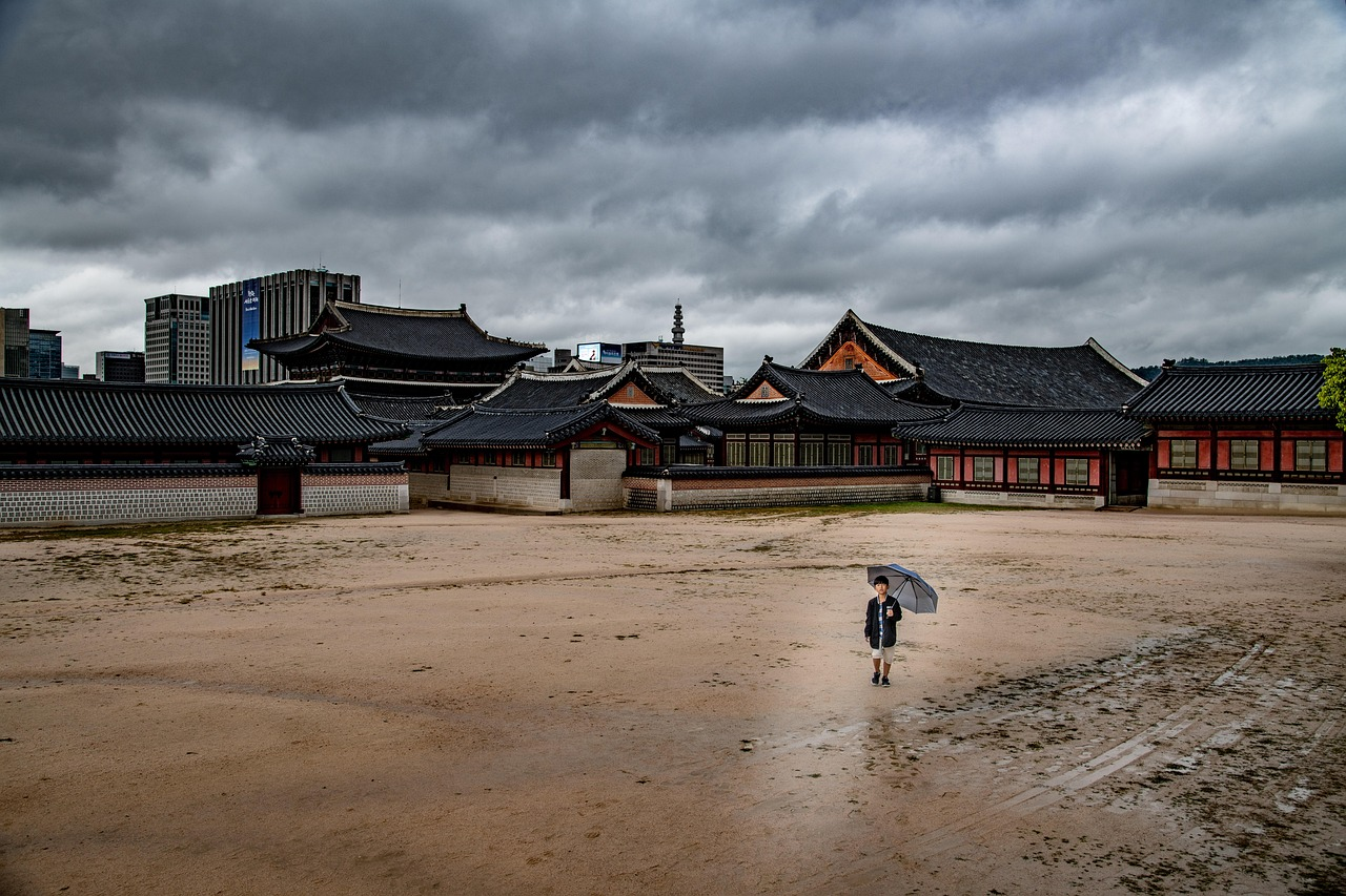 Traditional Korean temple courtyard in regional South Korea with ancient Buddhist architecture and cultural heritage tourism destination