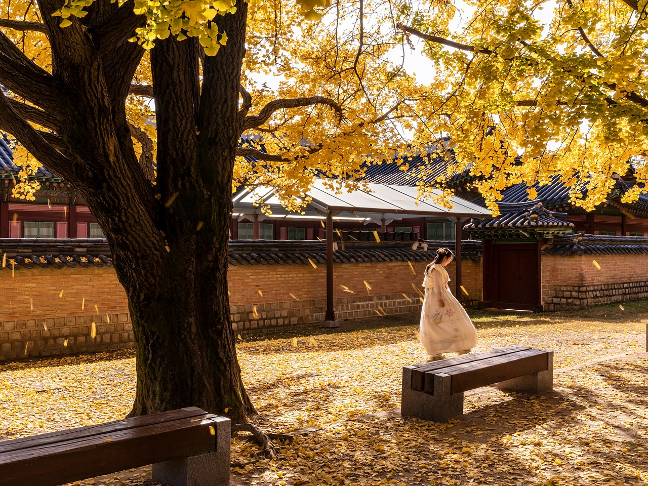 Woman wearing traditional Korean hanbok at Gyeongbok Palace showcasing modern Korean culture trends in 2026 Seoul autumn setting