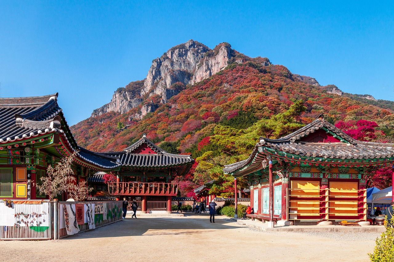 Baekyangsa mountain temple surrounded by autumn maple trees in Korea