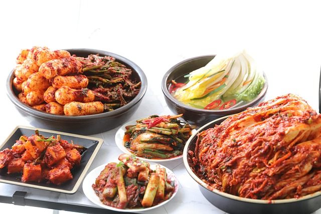 Colorful array of Korean kimchi and banchan side dishes