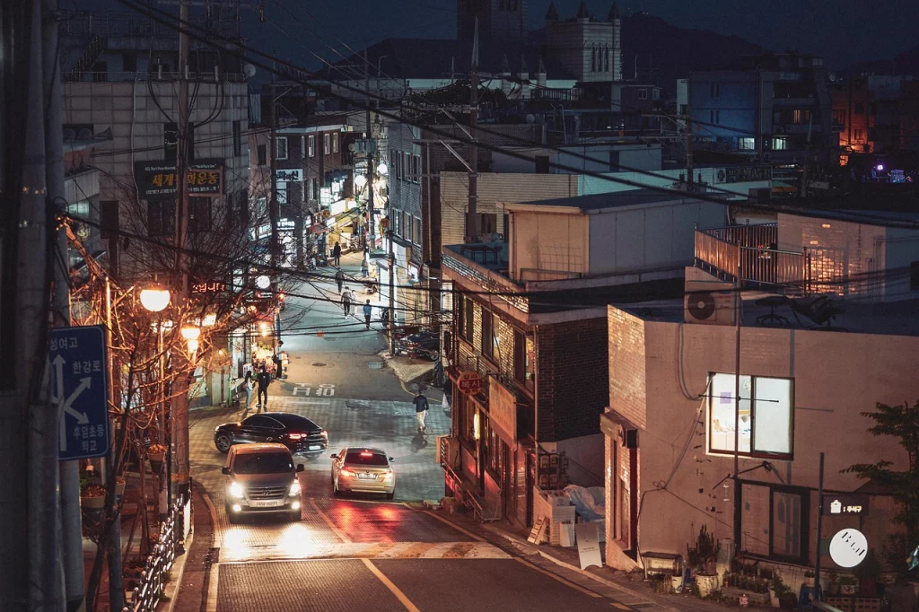 Seoul South Korea street at dusk showcasing urban landscape